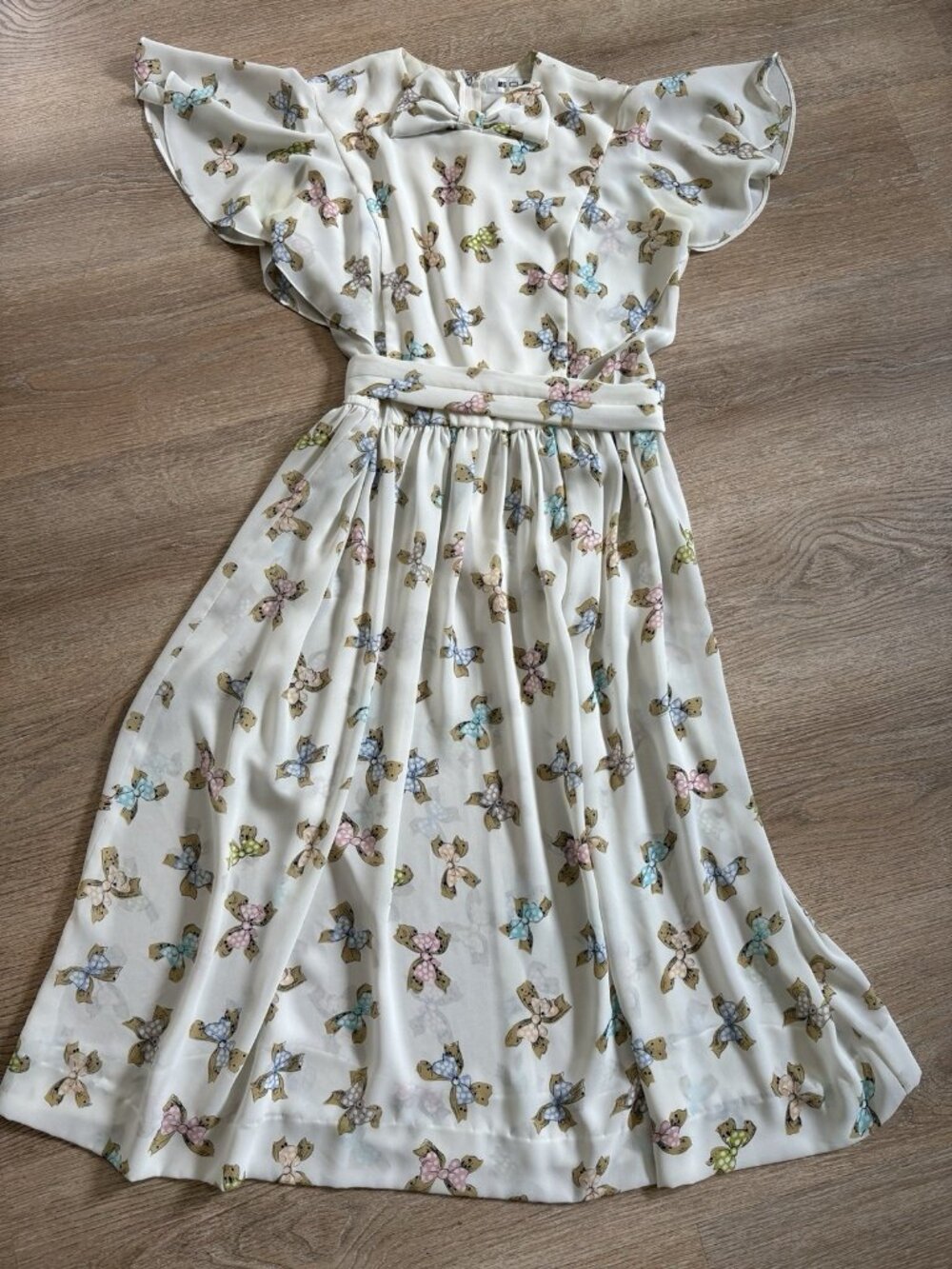 Ms Chaus Bow Print Flutter Sleeves Preppy Girl Dress Multicolor Size 10 Vintage